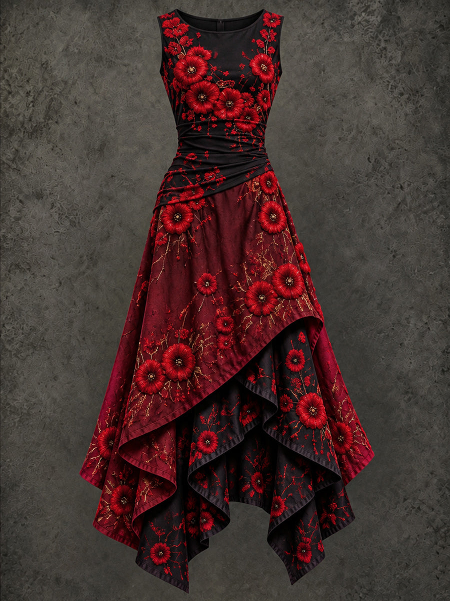 Retro Art Printed Vintage Sleeveless Irregularly Layered Stitched Midi Dress